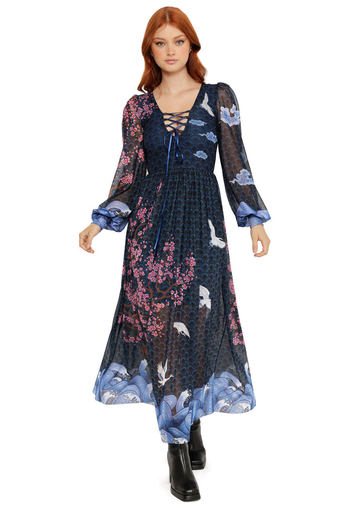 Flight of Tsuru Bishop Sleeve Maxi Dress