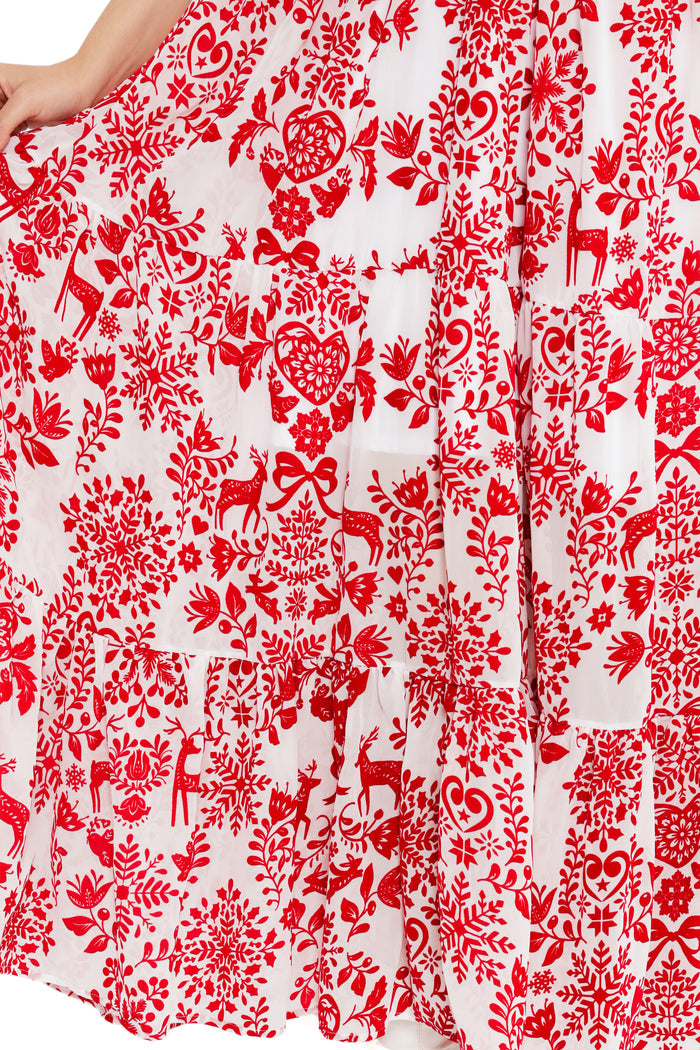 holiday outfit women’s red and white tiered maxi dress