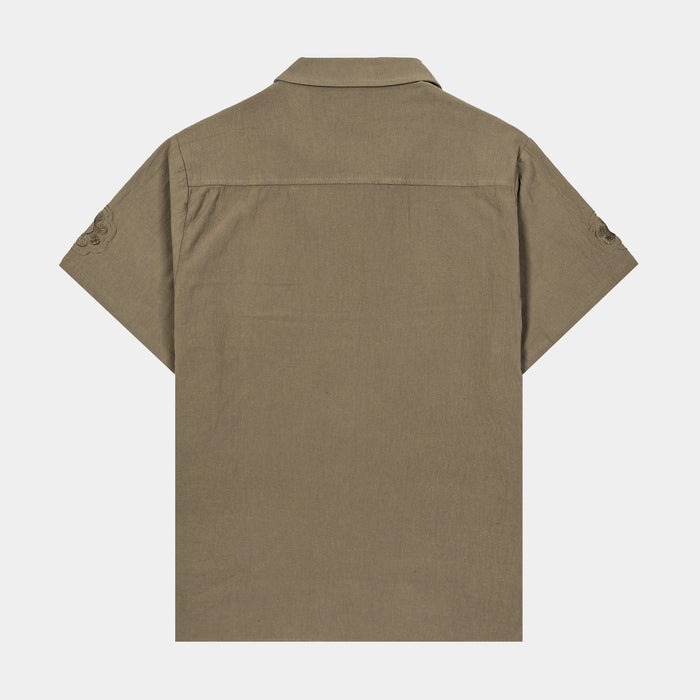 Floral Paisley Linen Mens Short Sleeve Shirt (Taupe)