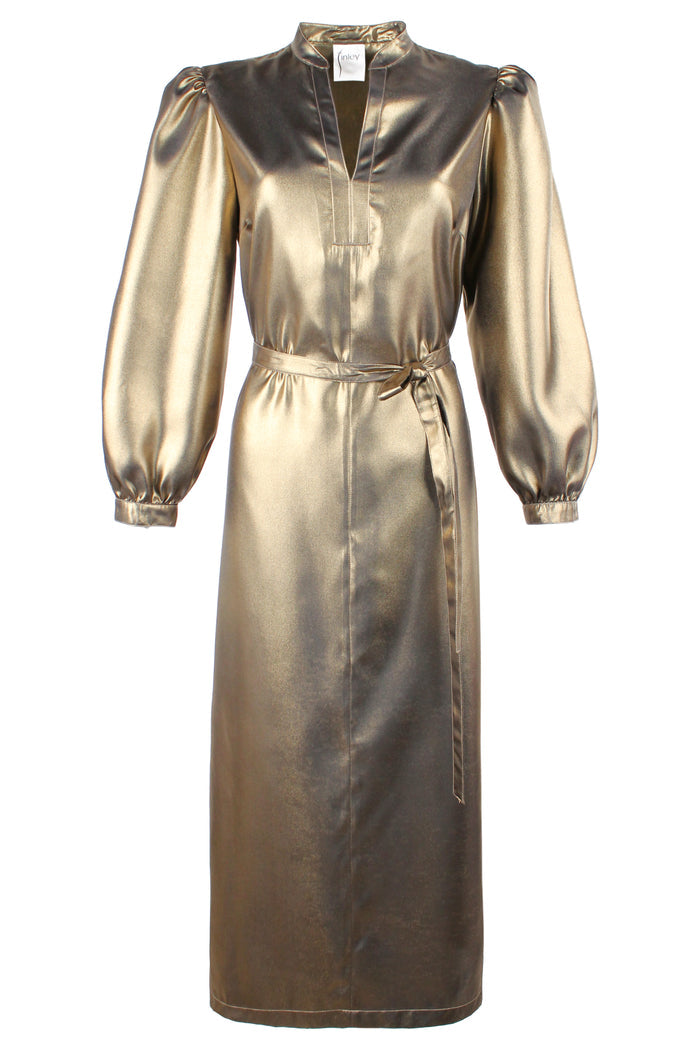 Front view of Franchesca, a sparkling gold Finley dress with a tie front waist