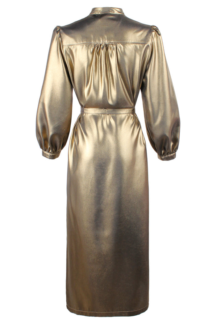 Rear view of Franchesca, a sparkling gold Finley dress with long sleeves on a white background