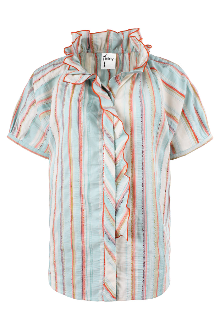 Striped blouse with ruffled collar on a white background