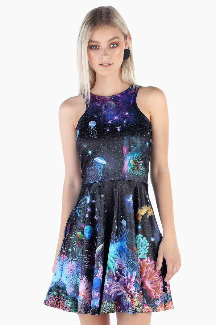 Friends Not Anenomes Skater Dress by BlackMilk, reversible sleeveless dress with pockets, colourful sea life print featuring coral, jellyfish and galaxy background