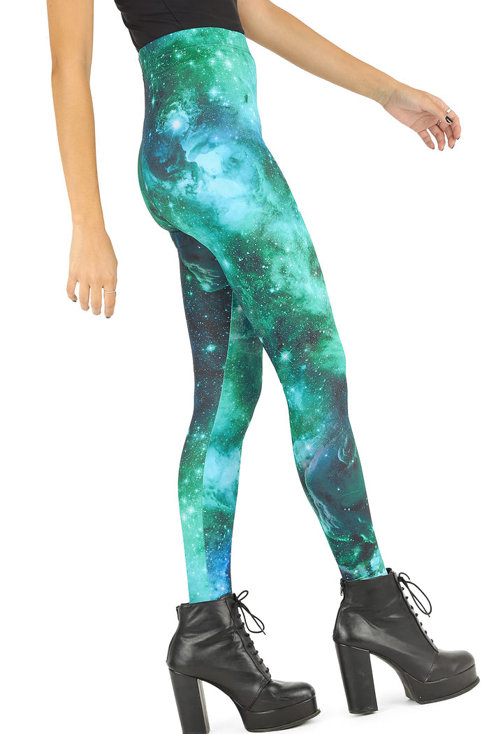 BlackMilk Clothing - Turquoise Galaxy Matte Finish High Waisted Leggings