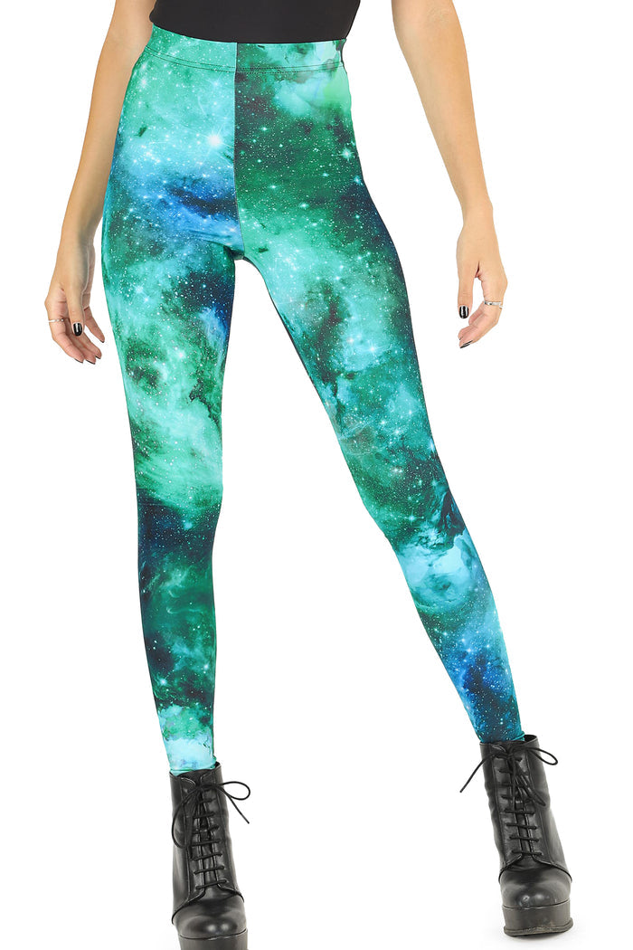 BlackMilk Clothing - Turquoise Galaxy Matte Finish High Waisted Leggings