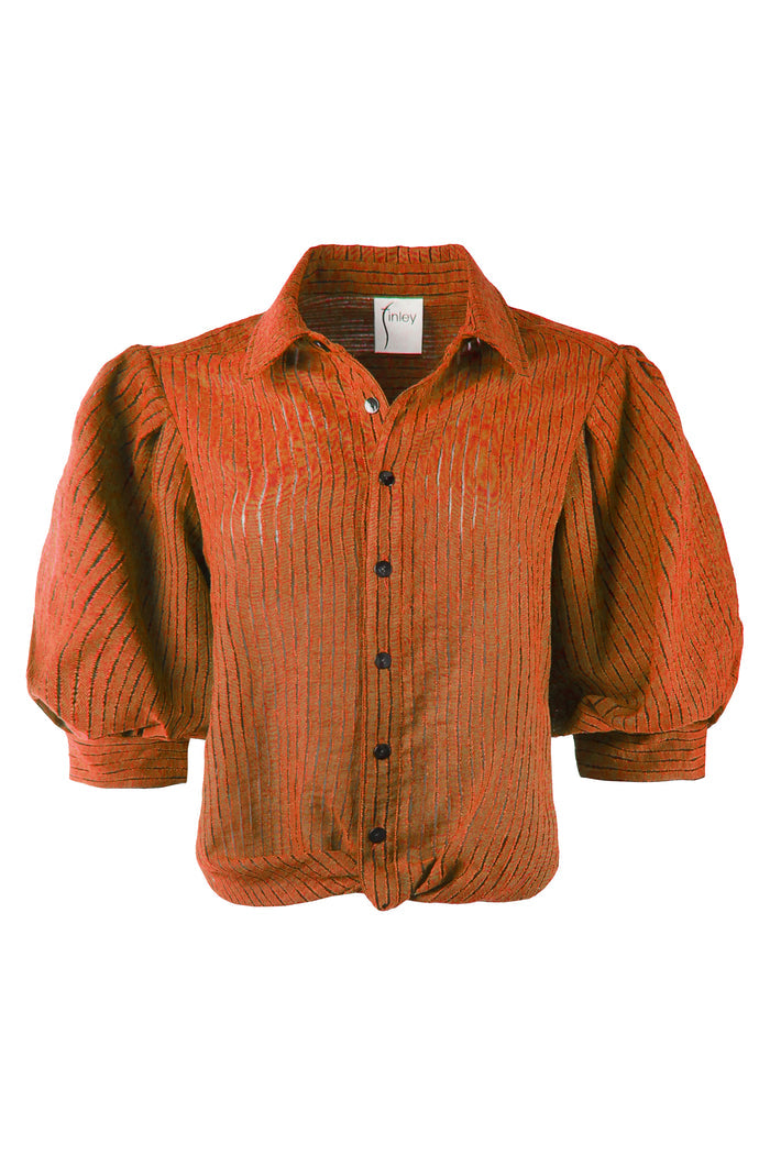 GAMEDAY!!  Bomba Twist-Hem Short Sleeve Shirt, Burnt Orange Open Weave Stripe