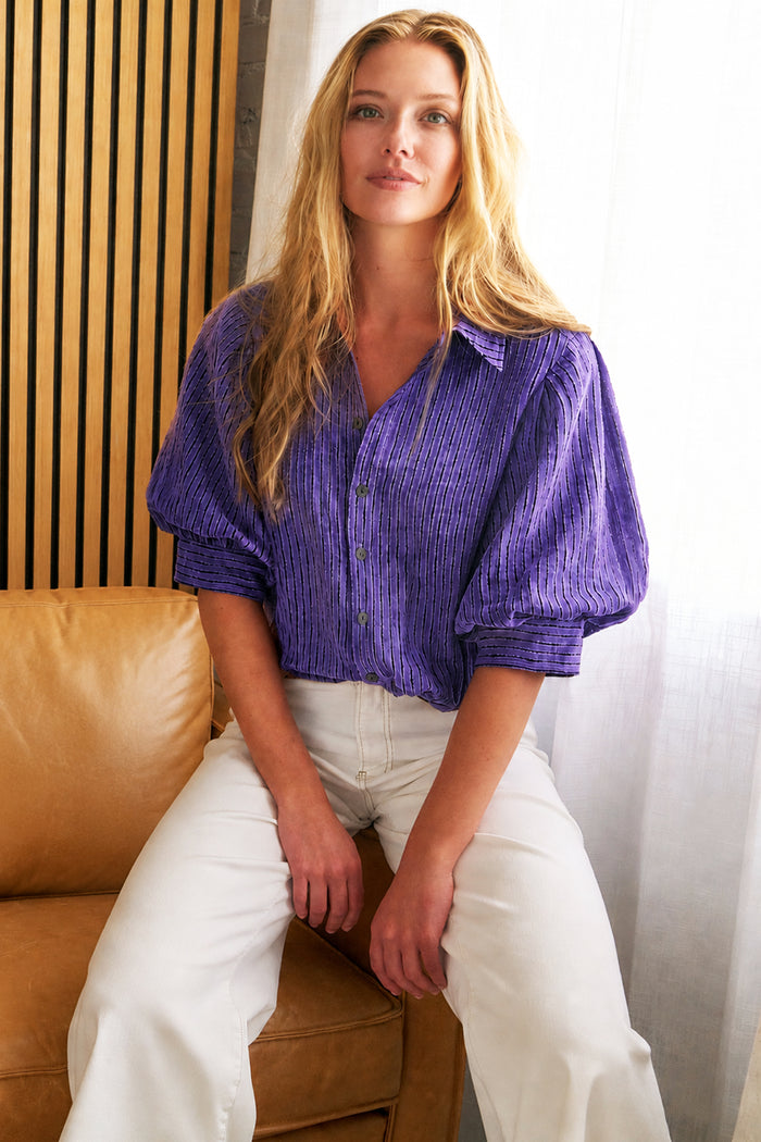 GAMEDAY!!  Bomba Twist-Hem Short Sleeve Shirt, Purple Open Weave Stripe