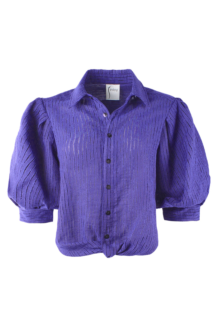 GAMEDAY!!  Bomba Twist-Hem Short Sleeve Shirt, Purple Open Weave Stripe