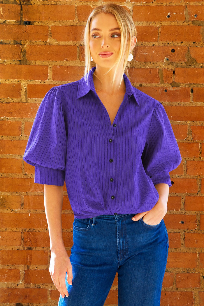 GAMEDAY!!  Bomba Twist-Hem Short Sleeve Shirt, Purple Open Weave Stripe