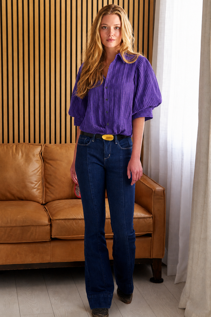 GAMEDAY!!  Bomba Twist-Hem Short Sleeve Shirt, Purple Open Weave Stripe