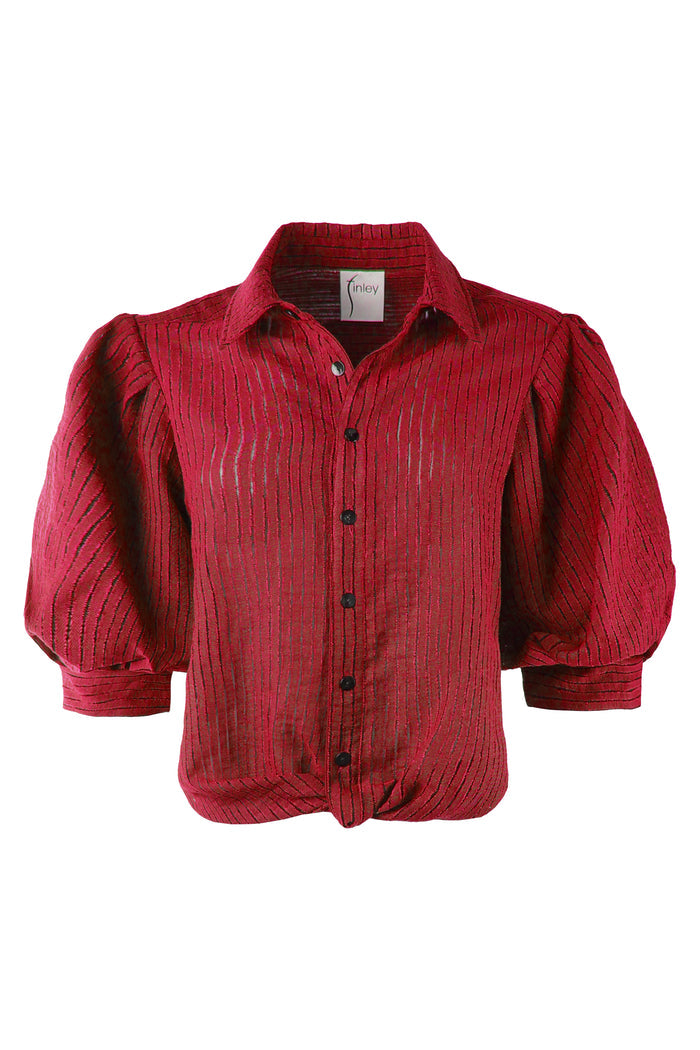 A red textured button-up shirt with puffed three-quarter sleeves, shown against a plain white background.