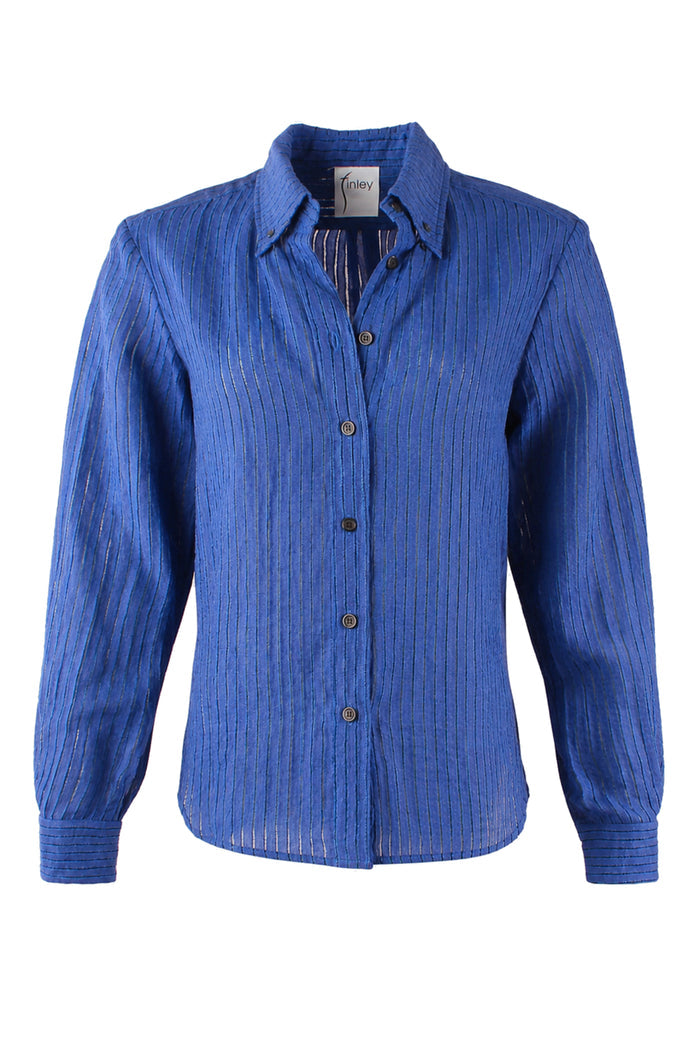 A blue long-sleeve button-up shirt with a textured vertical stripe pattern, shown on a plain white background.