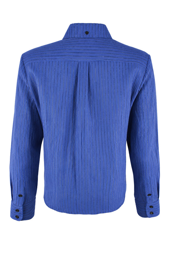 A royal blue long-sleeve button-down shirt with a textured vertical pleated pattern, shown from the back on a white background.