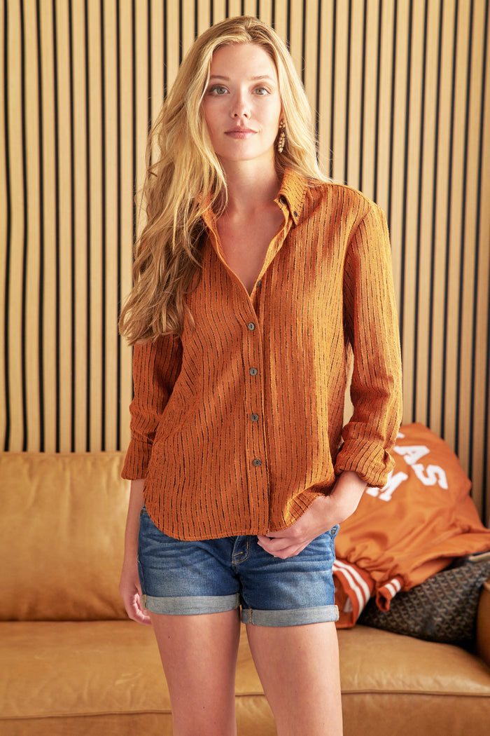 GAMEDAY!! Preppy Shirt Burnt Orange Open Weave Stripe