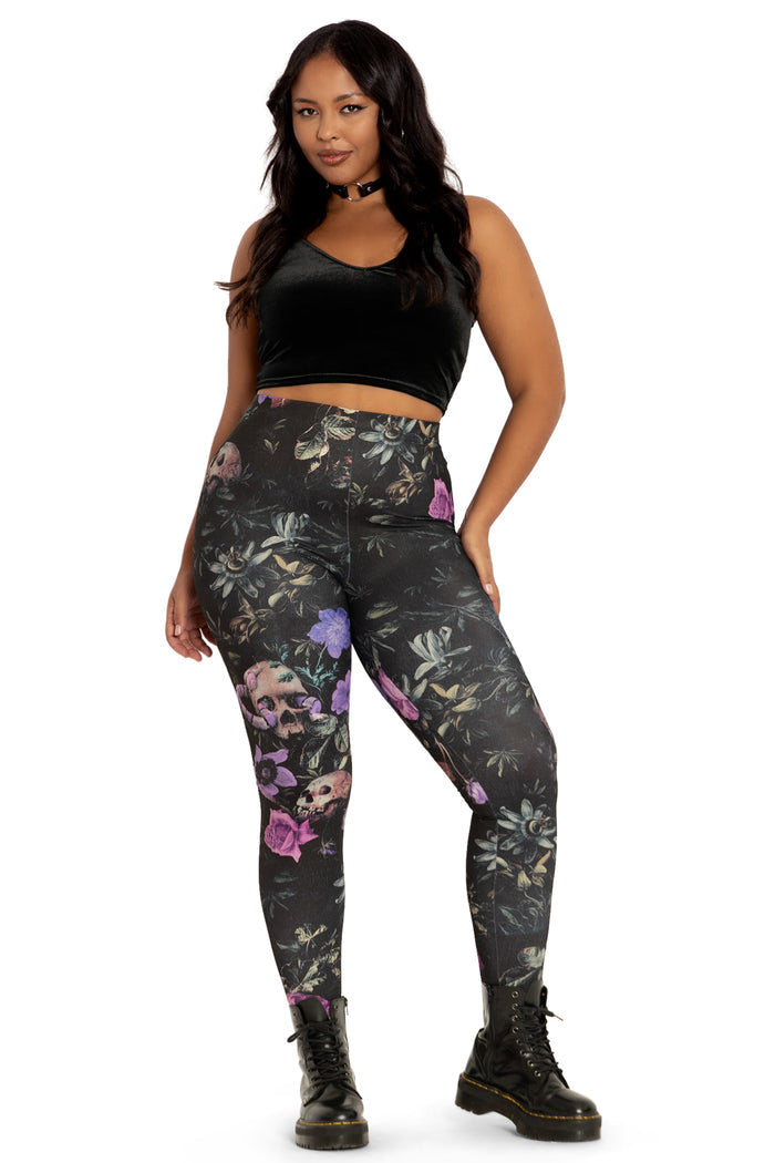 BlackMilk Clothing - Garden Of The Dead Purple Matte Finish High Waisted Leggings