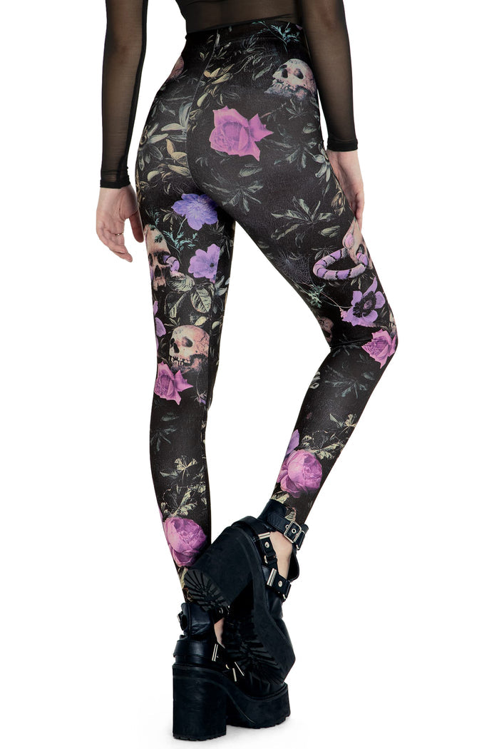 BlackMilk Clothing - Garden Of The Dead Purple Matte Finish High Waisted Leggings