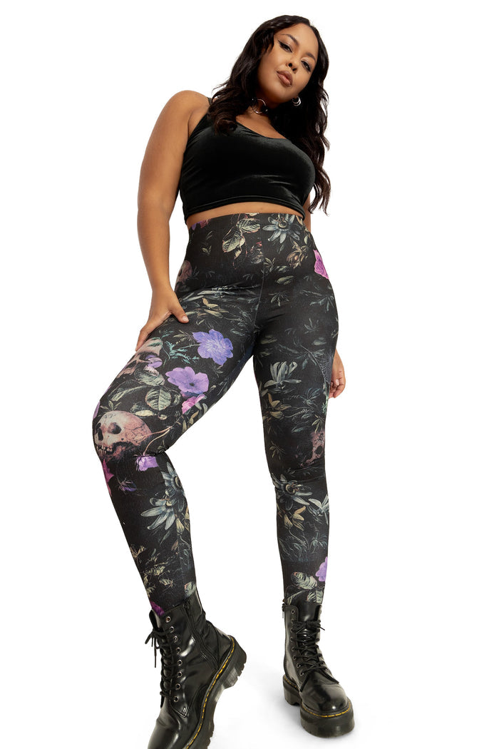 BlackMilk Clothing - Garden Of The Dead Purple Matte Finish High Waisted Leggings