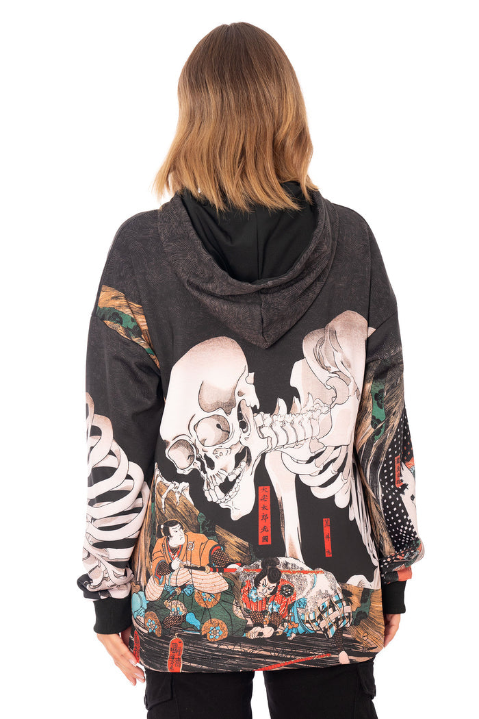 Black oversized hoodie with Japanese mythology inspired Gashadokuru print, skeleton graphic and detailed traditional artwork placement