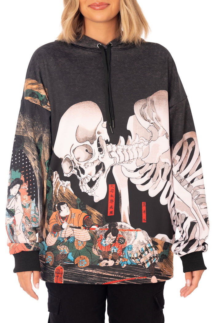 Gashadokuru Comfy Hoodie front product image showing soft oversized hoodie fit, ribbed cuffs and bold Japanese folklore skeleton design