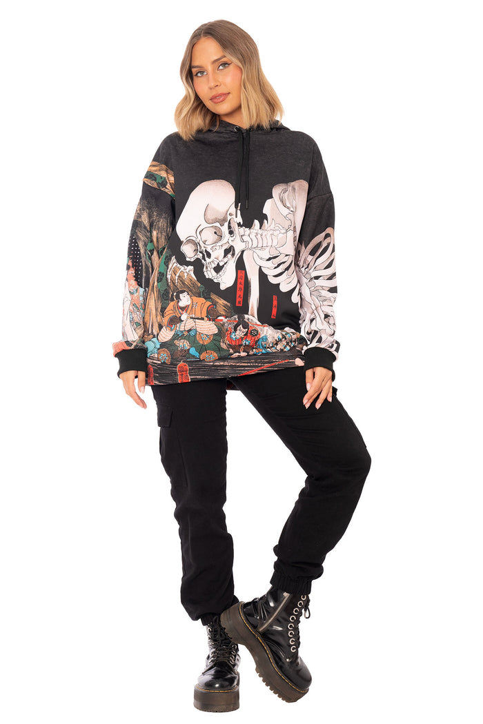Gashadokuru Comfy Hoodie featuring black base, oversized silhouette and detailed ukiyo e inspired skeleton artwork for statement casual wear