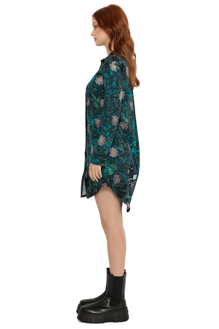 Model wearing Fallout x BlackMilk G.E.C.K. Business Time Dress showcasing intricate plant print and shirt-style silhouette.