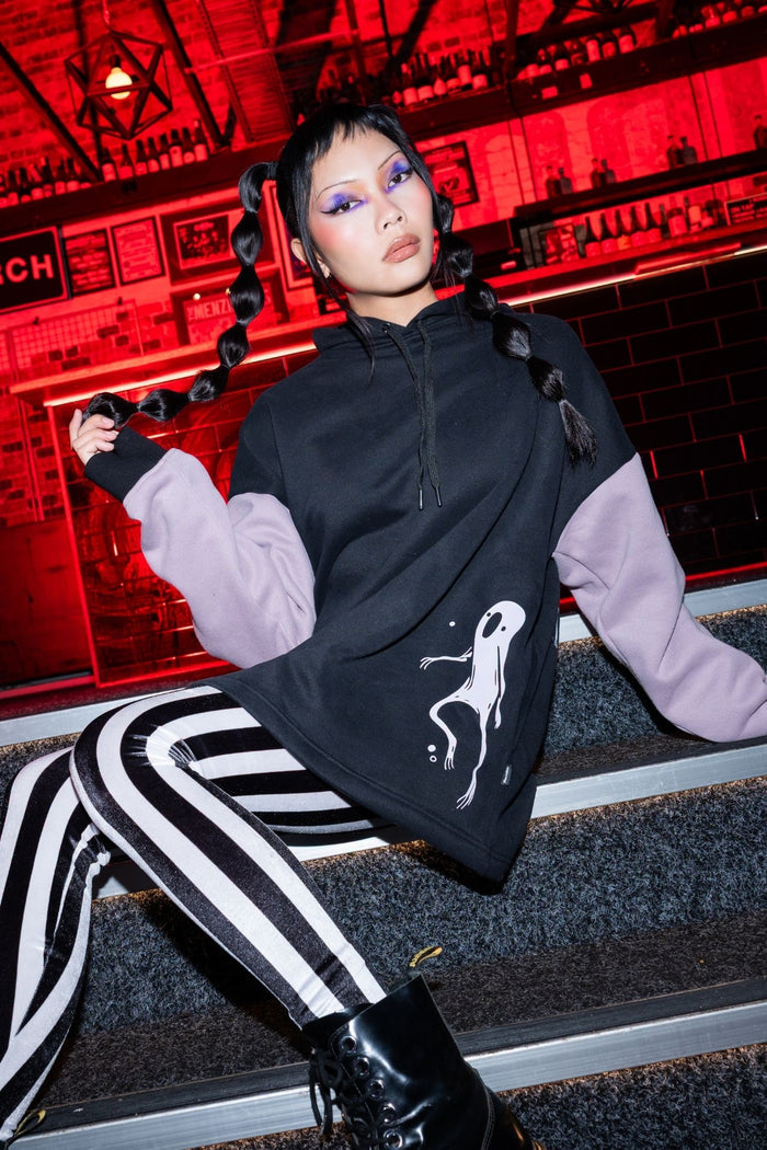 BlackMilk Ghost Party Comfy Hoodie – oversized unisex glow-in-the-dark ghost print Halloween hoodie in black and purple, part of the BlackMilk Clothing Halloween collection