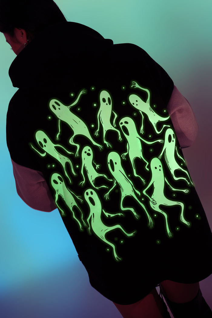 BlackMilk Ghost Party Comfy Hoodie – oversized unisex glow-in-the-dark ghost print Halloween hoodie in black and purple, part of the BlackMilk Clothing Halloween collection