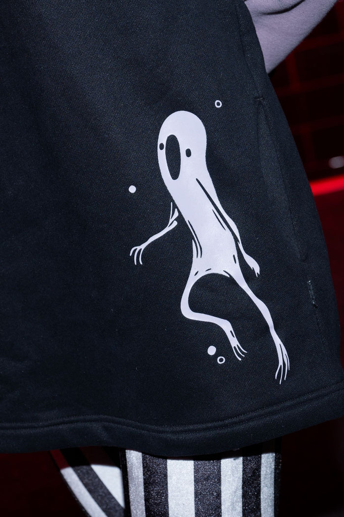 BlackMilk Ghost Party Comfy Hoodie – oversized unisex glow-in-the-dark ghost print Halloween hoodie in black and purple, part of the BlackMilk Clothing Halloween collection