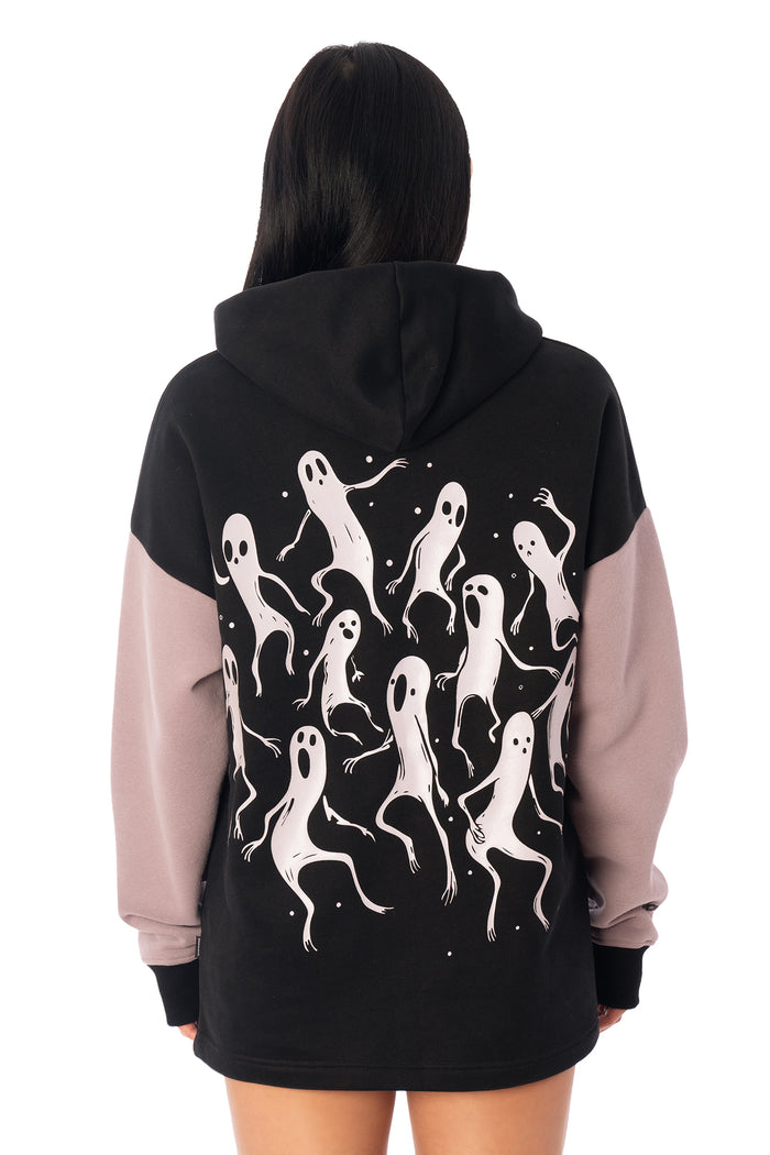 BlackMilk Ghost Party Comfy Hoodie – oversized unisex glow-in-the-dark ghost print Halloween hoodie in black and purple, part of the BlackMilk Clothing Halloween collection