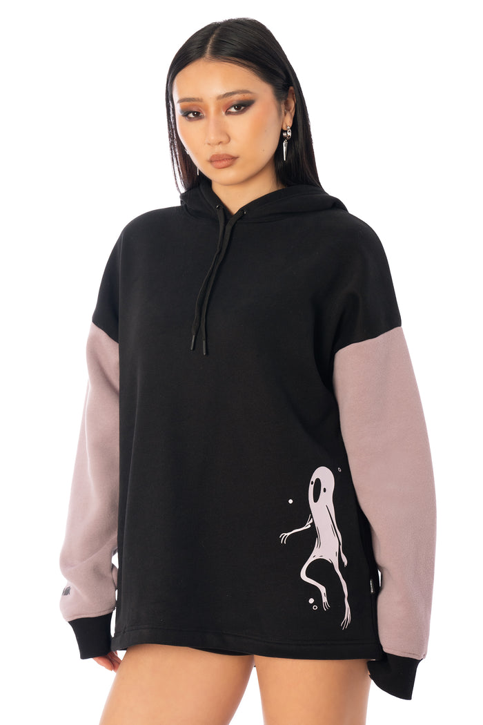 BlackMilk Ghost Party Comfy Hoodie – oversized unisex glow-in-the-dark ghost print Halloween hoodie in black and purple, part of the BlackMilk Clothing Halloween collection