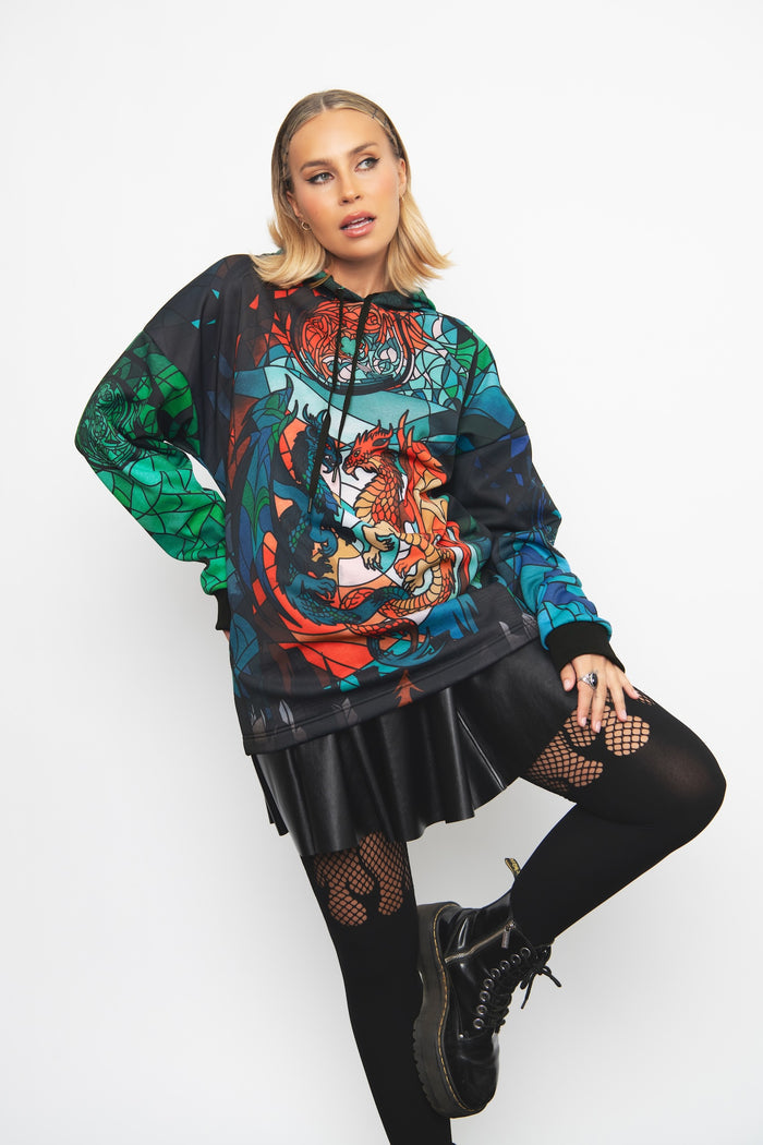 Glass Dragon Comfy Hoodie featuring a relaxed oversized fit and dragon artwork, perfect for casual outfits, alternative fashion, cosy weekends and everyday comfort.