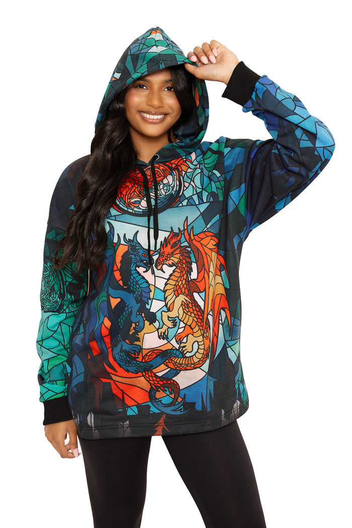 Oversized Glass Dragon hoodie with statement fantasy artwork, combining warmth and comfort for casual fashion, gaming nights and relaxed everyday outfits.