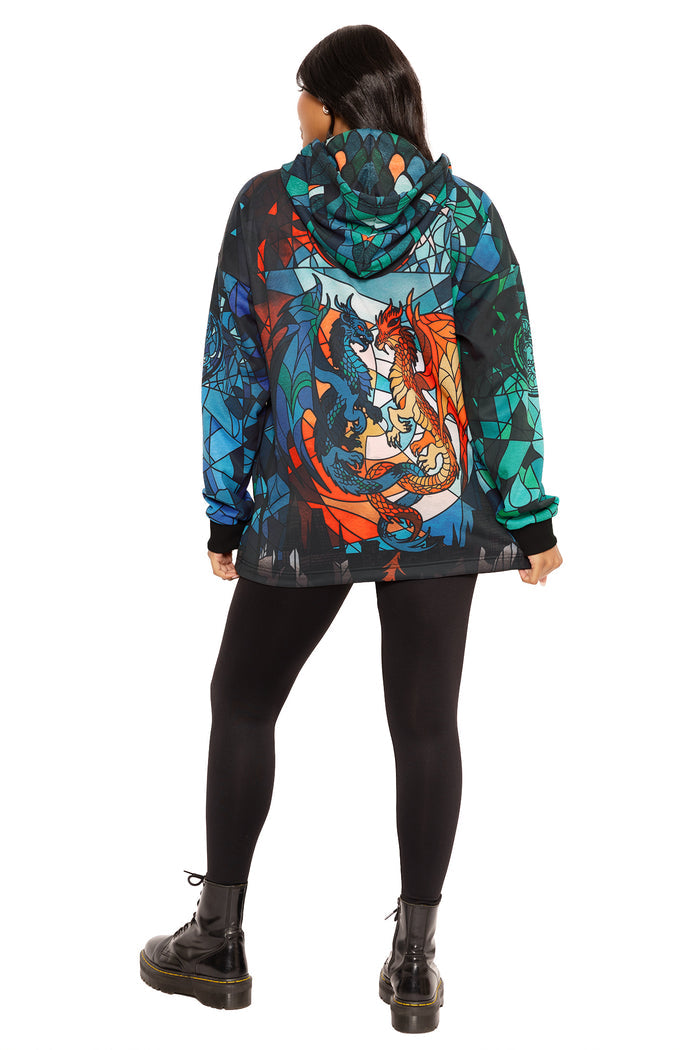 Comfortable dragon print hoodie for casual and alternative fashion, featuring a cosy fit ideal for travel, lounging and off-duty styling.