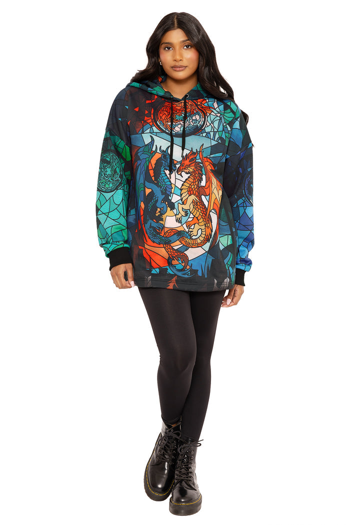 Relaxed fit dragon hoodie with statement graphic design, ideal for alternative wardrobes, cosy nights, casual fashion and year-round layering.