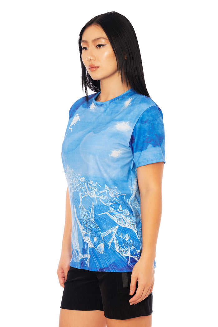 Junji Ito Gyo anime graphic tee in boyfriend fit silhouette, blue manga print shirt with biomechanical fish and spreading death stench illustration.