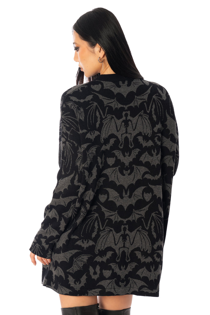 BlackMilk Gone Batty Lightweight Oversized Crew Knit – black bat print unisex slouchy Halloween knit sweater, part of the BlackMilk Clothing Halloween collection