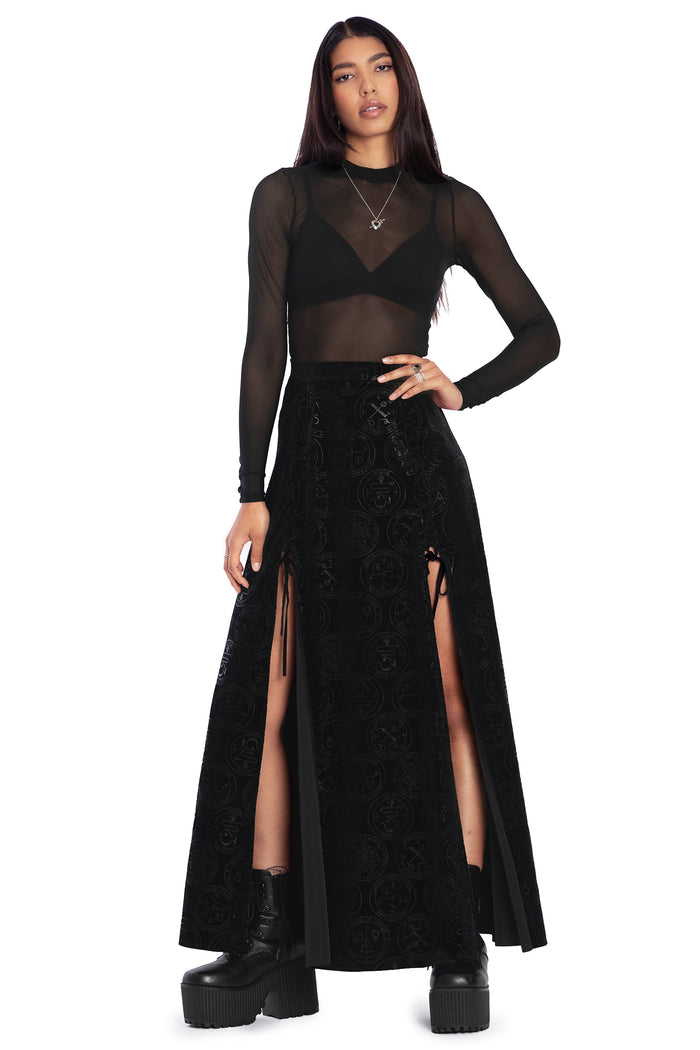 BlackMilk Clothing - Good Charms Velvet Laced Split Maxi Skirt