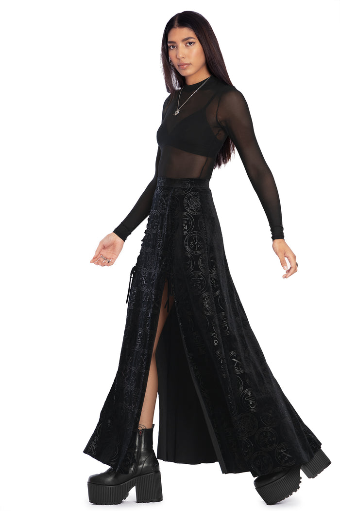 BlackMilk Clothing - Good Charms Velvet Laced Split Maxi Skirt