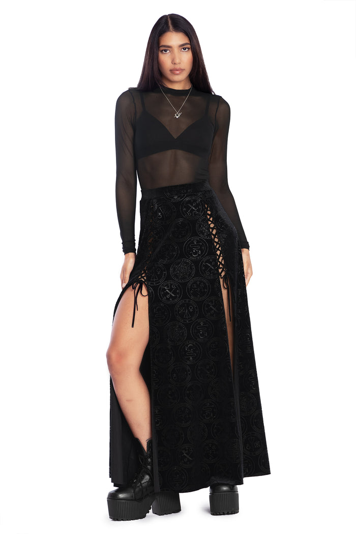 BlackMilk Clothing - Good Charms Velvet Laced Split Maxi Skirt Styled