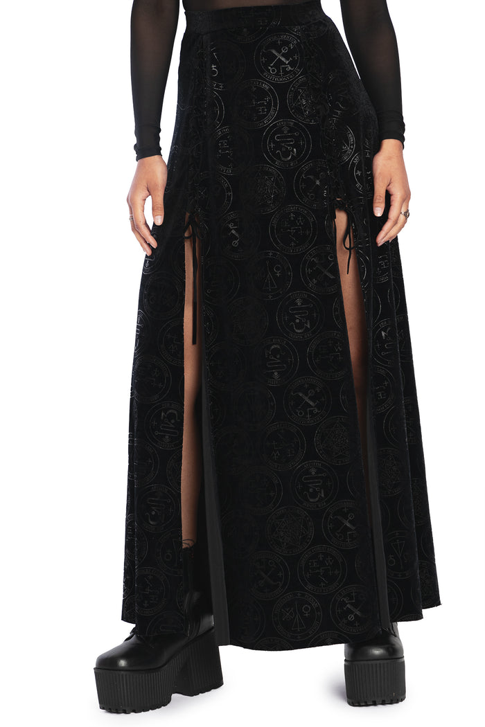 BlackMilk Clothing - Good Charms Velvet Laced Split Maxi Skirt