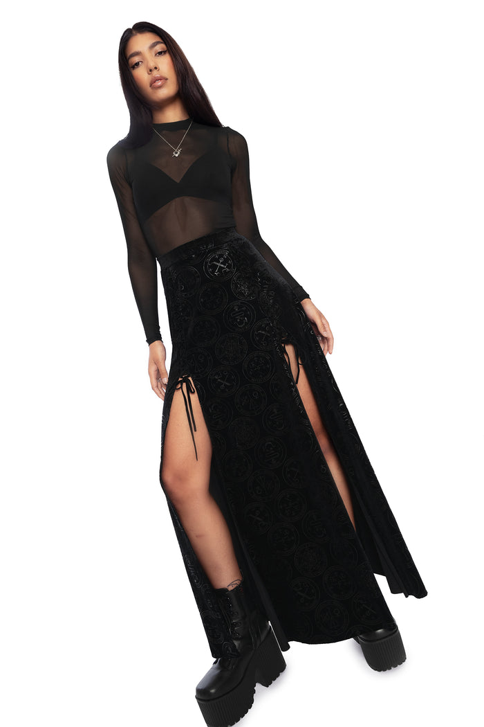 BlackMilk Clothing - Good Charms Velvet Laced Split Maxi Skirt