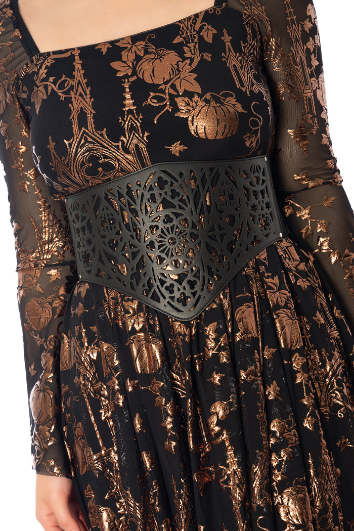 BlackMilk Gothic Gate Lace It Corset – black gothic cathedral print lace-up Halloween corset belt, part of the BlackMilk Clothing Halloween collection
