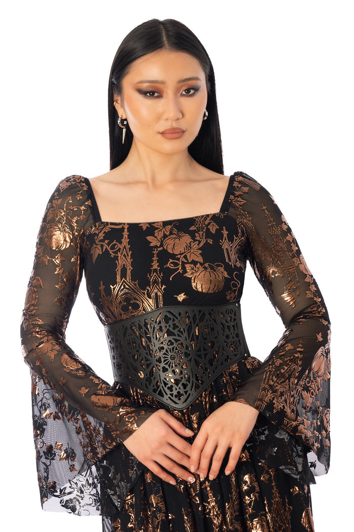 BlackMilk Gothic Gate Lace It Corset – black gothic cathedral print lace-up Halloween corset belt, part of the BlackMilk Clothing Halloween collection