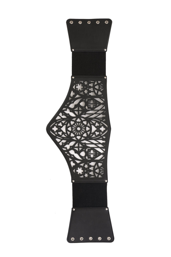 BlackMilk Gothic Gate Lace It Corset – black gothic cathedral print lace-up Halloween corset belt, part of the BlackMilk Clothing Halloween collection