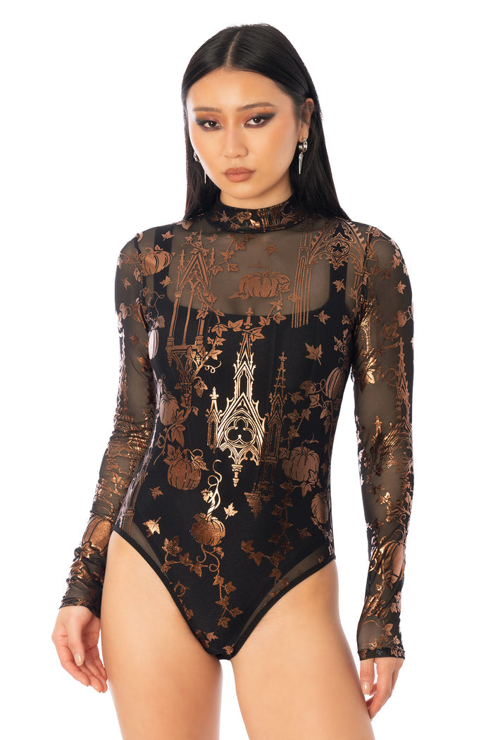BlackMilk Gourd Gracious Sheer High Neck Long Sleeve Bodysuit – orange gothic cathedral pumpkin print sheer mesh Halloween bodysuit by Ami Raithe, BlackMilk Clothing Halloween collection