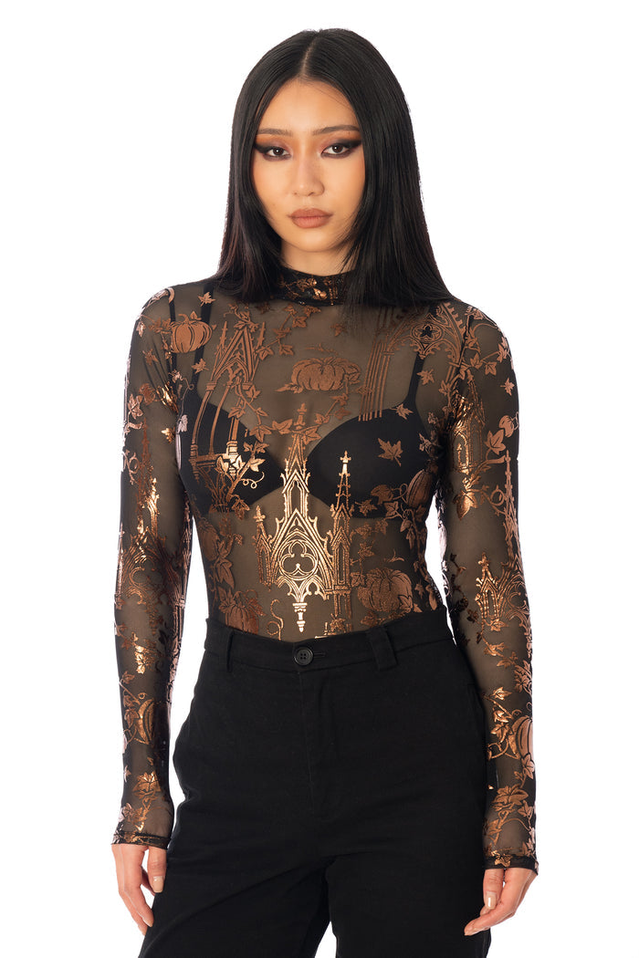 BlackMilk Gourd Gracious Sheer High Neck Long Sleeve Bodysuit – orange gothic cathedral pumpkin print sheer mesh Halloween bodysuit by Ami Raithe, BlackMilk Clothing Halloween collection