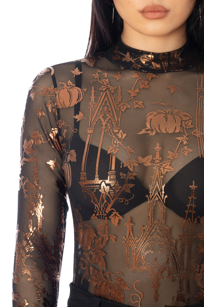 BlackMilk Gourd Gracious Sheer High Neck Long Sleeve Bodysuit – orange gothic cathedral pumpkin print sheer mesh Halloween bodysuit by Ami Raithe, BlackMilk Clothing Halloween collection