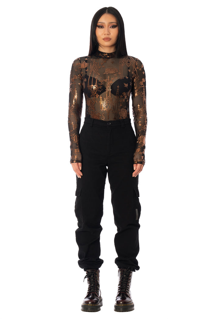 BlackMilk Gourd Gracious Sheer High Neck Long Sleeve Bodysuit – orange gothic cathedral pumpkin print sheer mesh Halloween bodysuit by Ami Raithe, BlackMilk Clothing Halloween collection