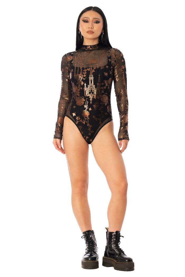 BlackMilk Gourd Gracious Sheer High Neck Long Sleeve Bodysuit – orange gothic cathedral pumpkin print sheer mesh Halloween bodysuit by Ami Raithe, BlackMilk Clothing Halloween collection