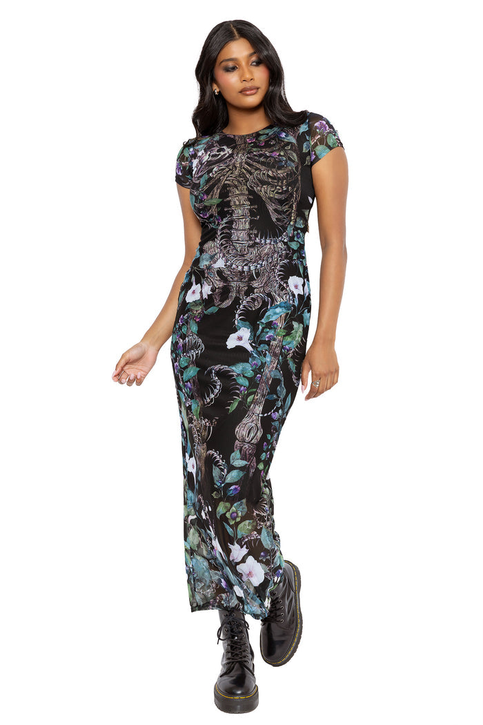 Alternative witchcore mesh bodycon dress featuring poisonous blooms, serpent details, skeletal artwork and twisting vines in a romantic gothic style. Designed with cap sleeves and a fitted silhouette, this fantasy witch dress captures dark academia and modern pagan fashion energy.